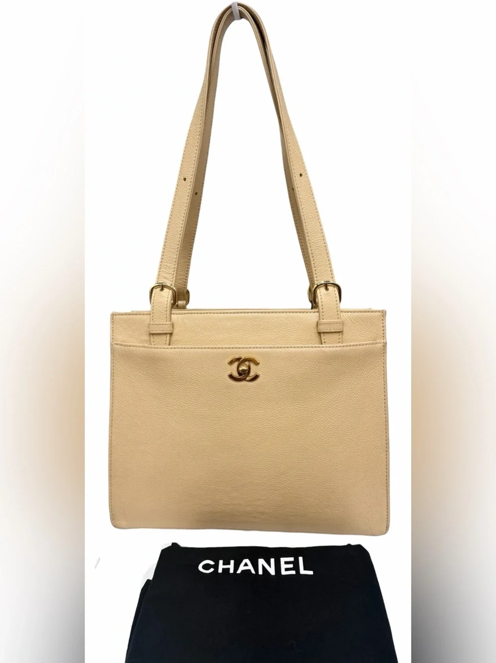 Authentic CHANEL Vintage Beige Caviar Turn-Lock Tote Beige Caviar Leather